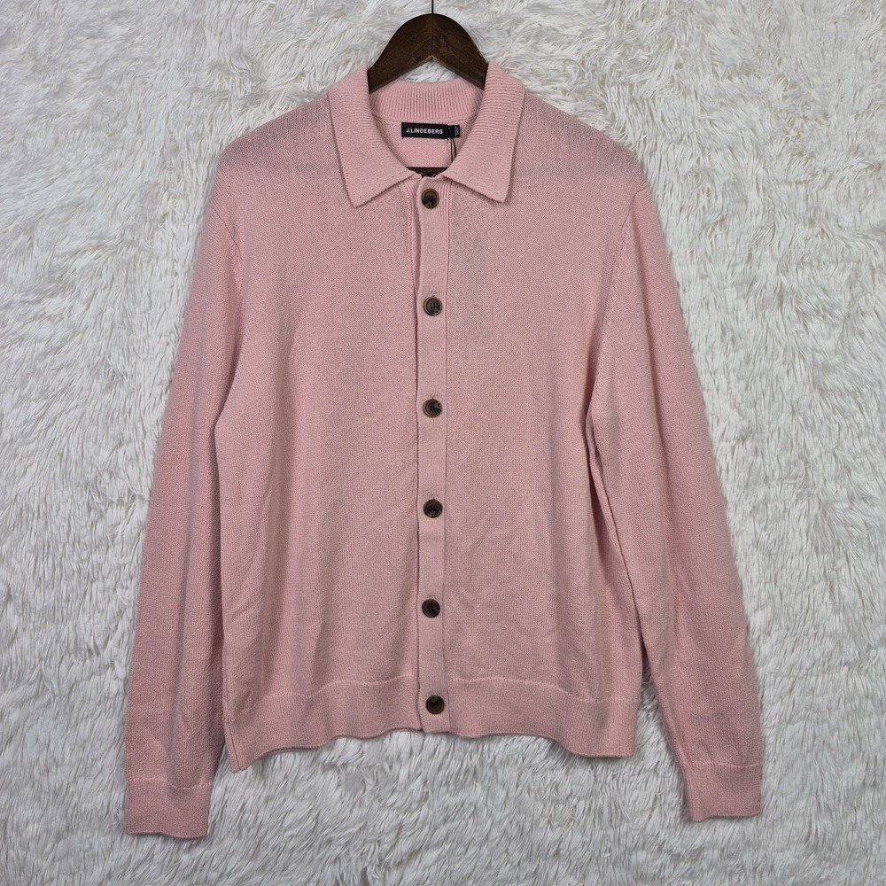 NWT J. Lindeberg Willem Textured Knit Long Sleeve Polo Powder Pink Mens Large